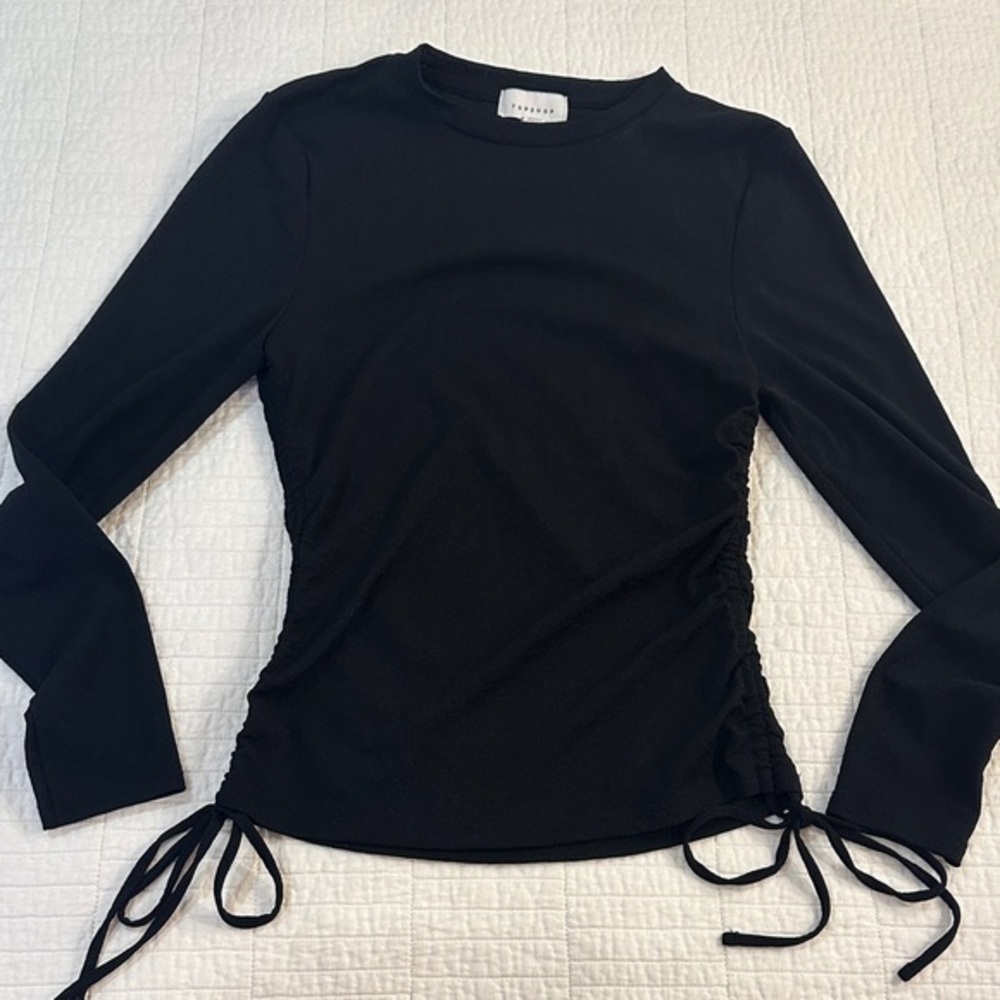 Topshop Medium Ruched Black Ruched Long Sleeve Top Old Money Staple NWOT